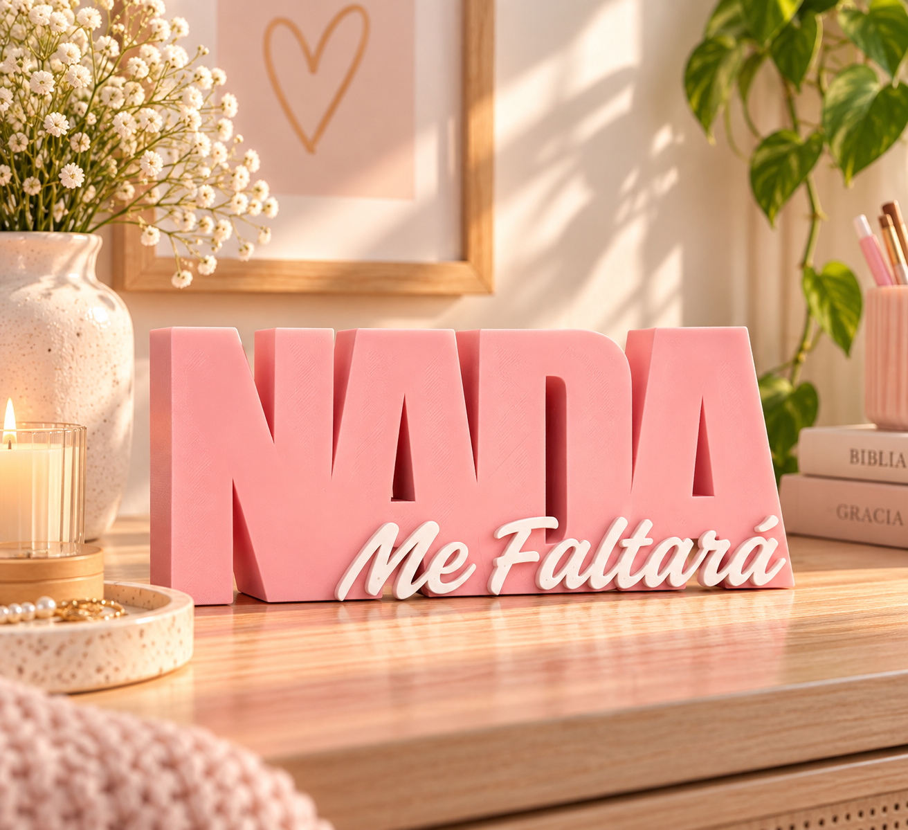 Figura decorativa Nada me faltará rosa/blanco
