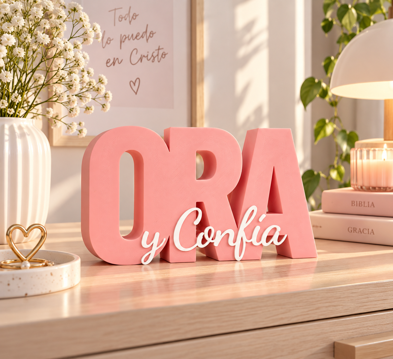 Figura decorativa Ora y Confía Rosa/Blanco